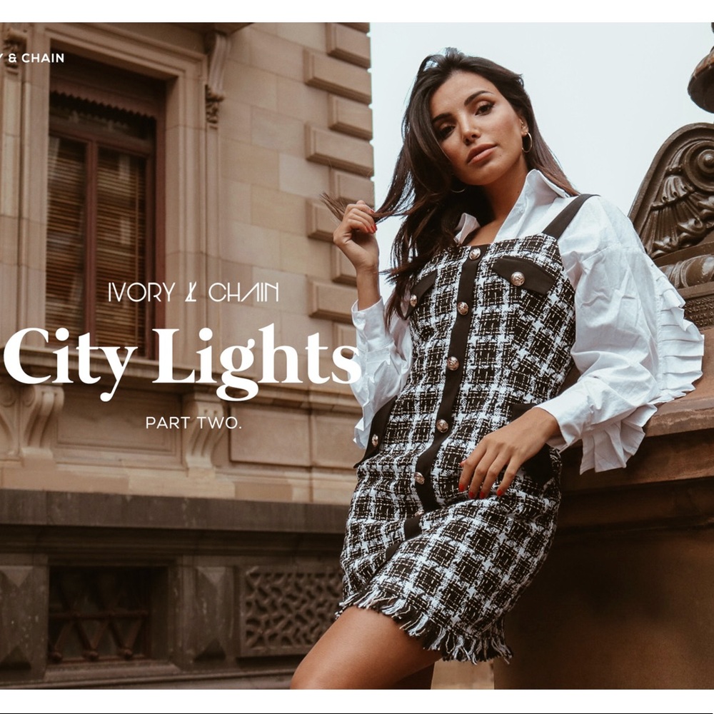 Ivory and Chain Brooke Tweed Black and White Dress